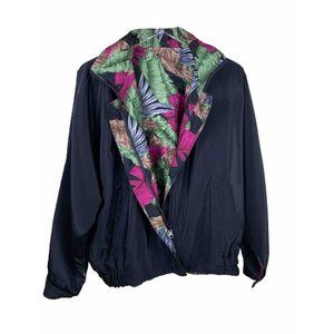 Womens XL Black Satin & Pink Green Floral Reversible Zip Front Jacket w Pockets